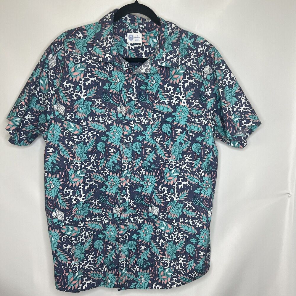 Hurley Skull Shell Blue Hawaiian Button Shirt L Tropical Beach Floral Feather